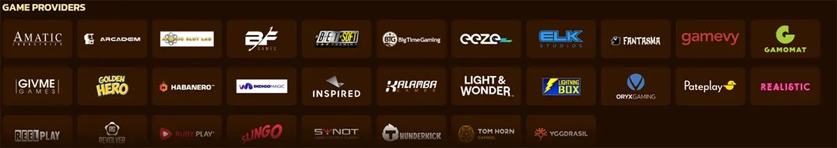 Game providers section displaying a wide selection of casino software logos, including Amatic, Betsoft, Big Time Gaming, ELK Studios, Fantasma, Gamomat, Habanero, Kalamba, Light & Wonder, Pragmatic Play, ReelPlay, Ruby Play, Slingo, Yggdrasil, and many others on a dark background.