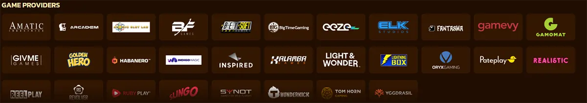 Game providers section displaying a wide selection of casino software logos, including Amatic, Betsoft, Big Time Gaming, ELK Studios, Fantasma, Gamomat, Habanero, Kalamba, Light & Wonder, Pragmatic Play, ReelPlay, Ruby Play, Slingo, Yggdrasil, and many others on a dark background.
