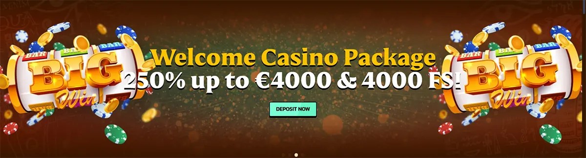 Wide casino welcome banner promoting a “Welcome Casino Package” with a 250% bonus up to €4,000 and 4,000 free spins, featuring slot machine graphics, flying coins and chips, and a “Deposit Now” button on a dark festive background.
