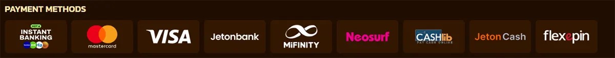 Payment methods section showing supported options including Instant Banking, Mastercard, Visa, Jetonbank, MiFinity, Neosurf, Cashlib, JetonCash, and Flexepin on a dark casino-themed background.