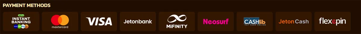Payment methods section showing supported options including Instant Banking, Mastercard, Visa, Jetonbank, MiFinity, Neosurf, Cashlib, JetonCash, and Flexepin on a dark casino-themed background.