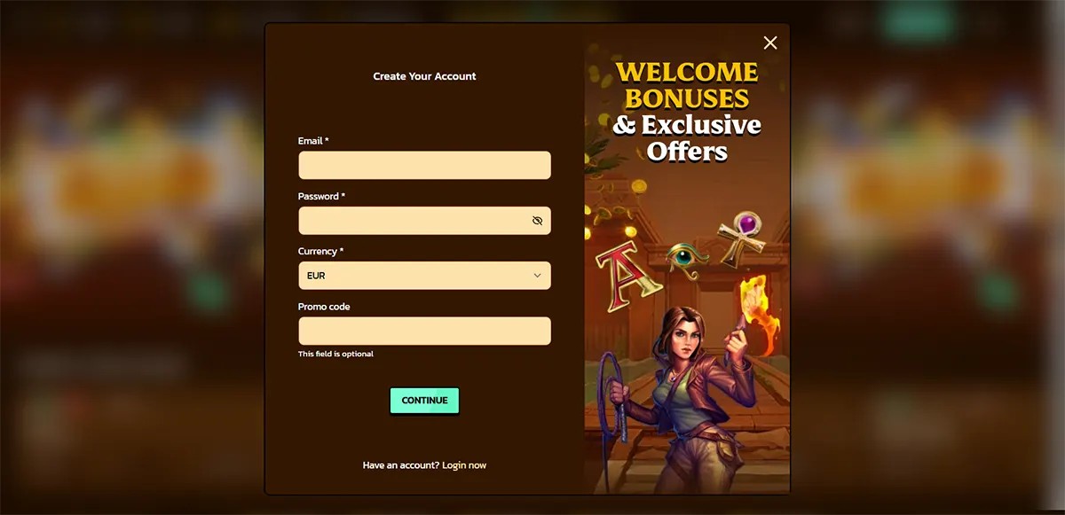 Casino account creation popup featuring email, password, currency, and promo code fields, alongside a “Welcome Bonuses & Exclusive Offers” panel with an illustrated adventurer character on a warm-toned background.